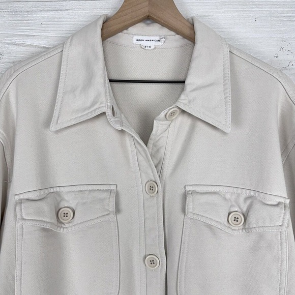 Good American Shacket Shirt Jacket Size 3/4 Large Button Up Cotton Terry Cream - Picture 2 of 13
